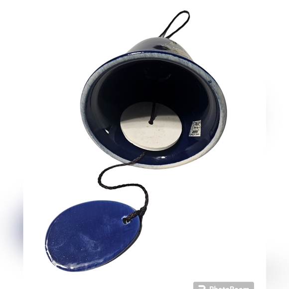 Cobalt Blue Oriental Peacock Design Ceramic 4" Tall Bell Wind Chime - Picture 10 of 11